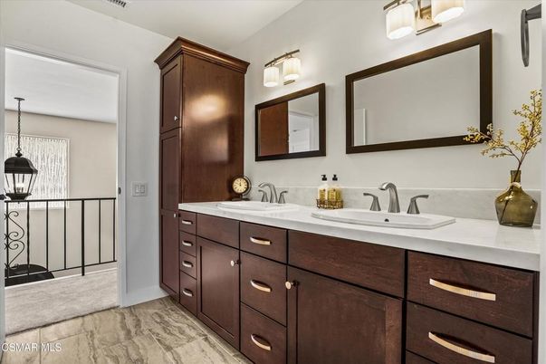 Bathroom, Dual Sink Vanities, Interior, Marble, Pendant Lights