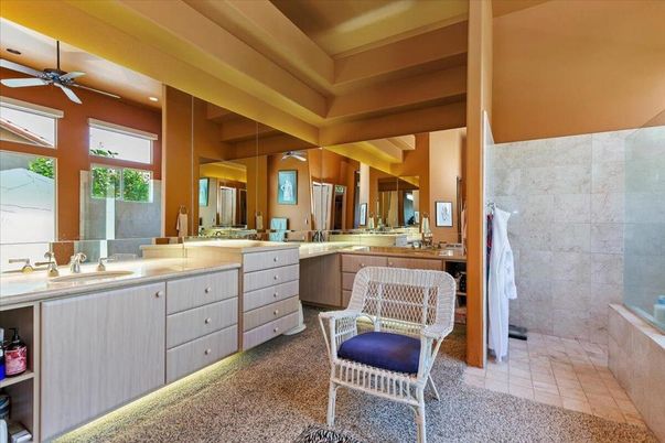 Bathroom, Dual Sink Vanities, Interior, Recessed Lighting, Stone Walls