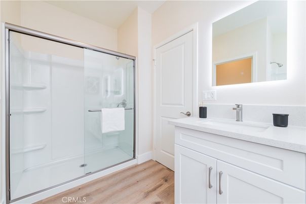 Bathroom, Glass Shower, Interior, Wood Texture Flooring