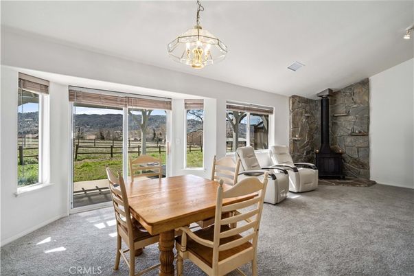 Dining room, Fireplace, Interior, Pendant Lights, Stone Walls