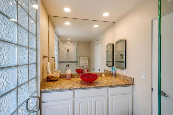 Bathroom, Glass Shower, Interior, Marble Walls, Recessed Lighting