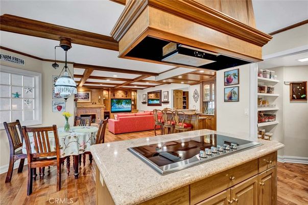 Dining room, Fireplace, Interior, Kitchen, Living room, Pendant Lights, Recessed Lighting, Wooden Beams, Wood Texture Flooring