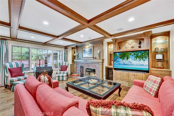 Fireplace, Interior, Living room, Recessed Lighting, Wooden Beams, Wood Texture Flooring