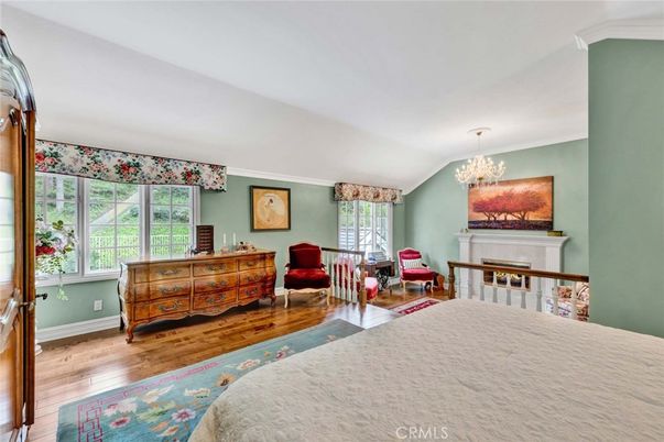 Bedroom, Chandelier, Fireplace, Interior, Wood Texture Flooring