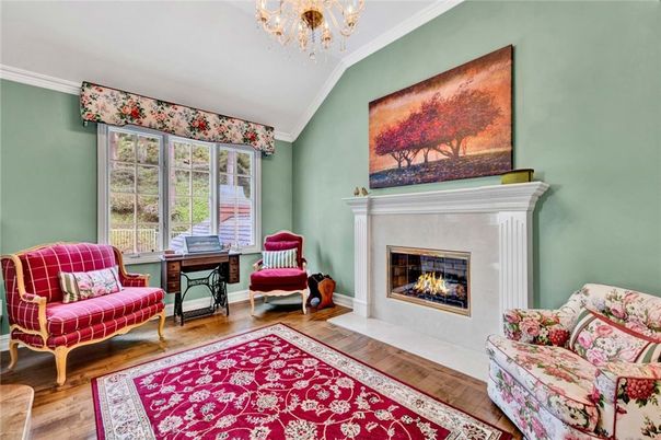 Chandelier, Fireplace, Home Office, Interior, Wood Texture Flooring