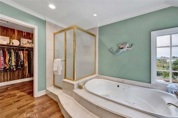 Bathroom, Glass Shower, Interior, Recessed Lighting, Wood Texture Flooring