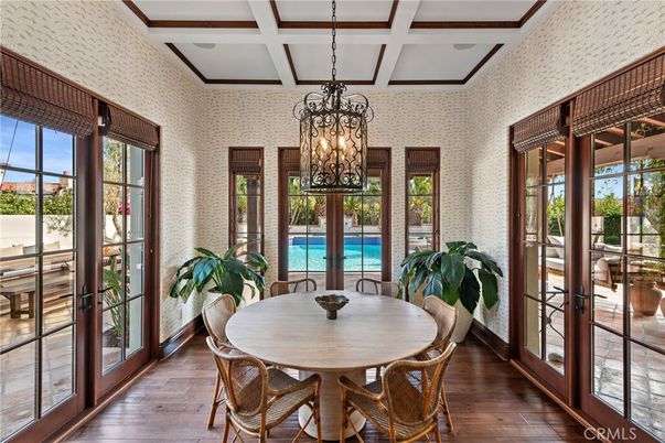 Chandelier, Dining room, Interior, Pendant Lights, Wooden Beams, Wood Texture Flooring