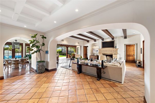 Chandelier, Dining room, Fireplace, Interior, Living room, Recessed Lighting, Wooden Beams