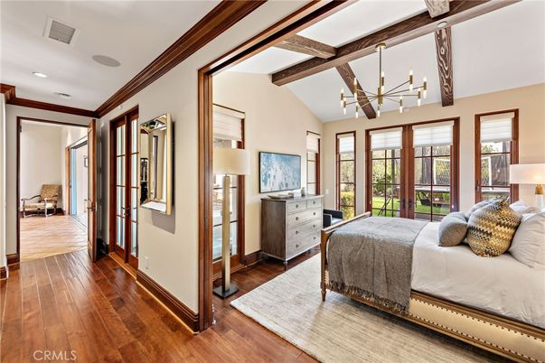 Bedroom, Interior, Pendant Lights, Recessed Lighting, Wooden Beams, Wood Texture Flooring