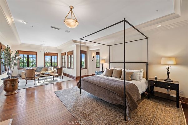 Bedroom, Chandelier, Interior, Recessed Lighting, Wood Texture Flooring