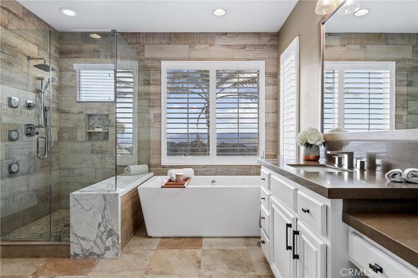 Bathroom, Free Standing Baths, Glass Shower, Interior, Recessed Lighting