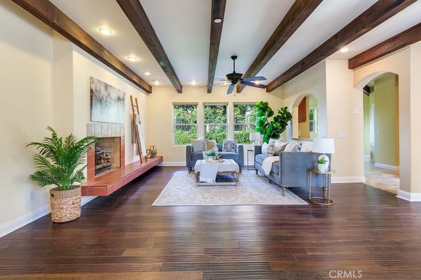 Fireplace, Interior, Living room, Recessed Lighting, Wooden Beams, Wood Texture Flooring