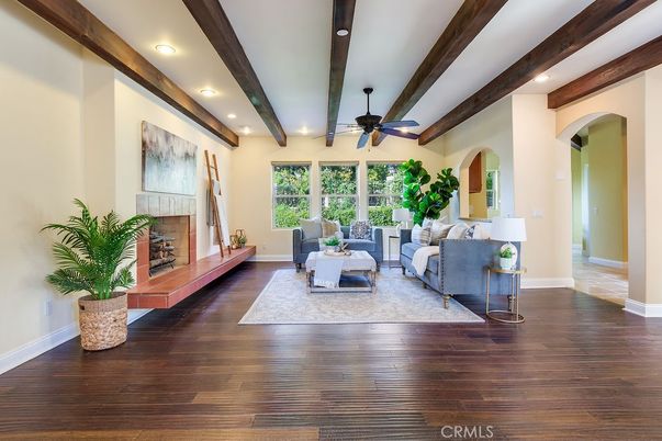 Fireplace, Interior, Living room, Recessed Lighting, Wooden Beams, Wood Texture Flooring