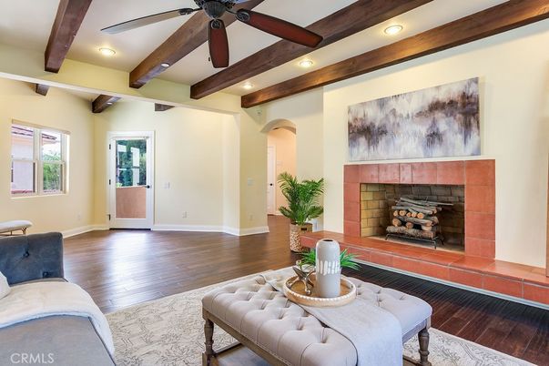 Fireplace, Interior, Recessed Lighting, Wooden Beams, Wood Texture Flooring