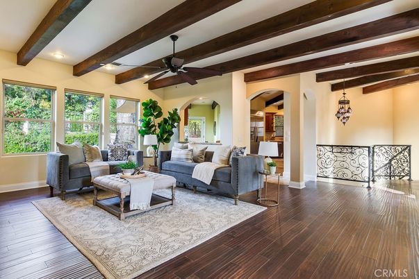 Interior, Living room, Pendant Lights, Recessed Lighting, Wooden Beams, Wood Texture Flooring