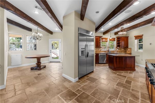 Chandelier, Interior, Kitchen, Pendant Lights, Recessed Lighting, Stainless Steel Appliances, Wooden Beams