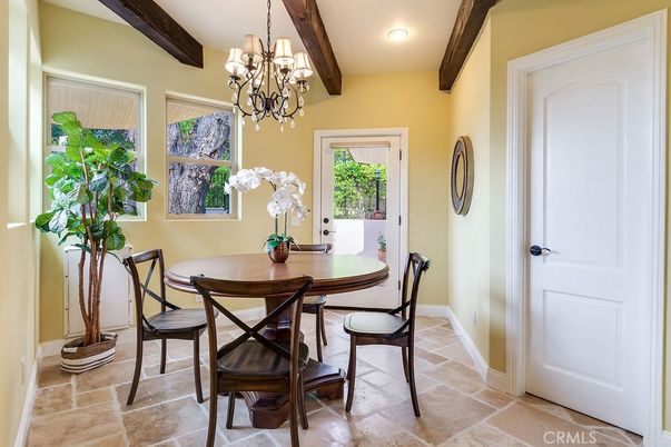 Chandelier, Dining room, Interior, Recessed Lighting, Wooden Beams