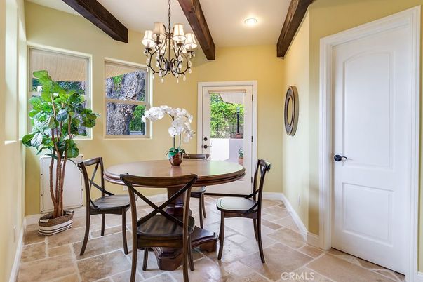 Chandelier, Dining room, Interior, Recessed Lighting, Wooden Beams