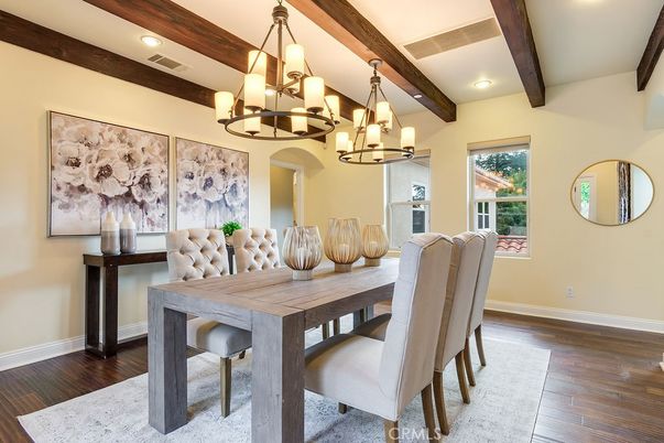 Chandelier, Dining room, Interior, Recessed Lighting, Wooden Beams, Wood Texture Flooring