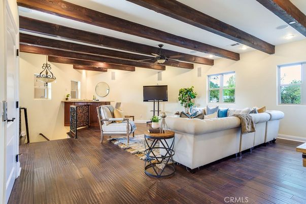 Interior, Living room, Pendant Lights, Recessed Lighting, Wooden Beams, Wood Texture Flooring