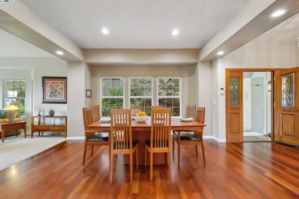 Dining room, Interior, Recessed Lighting, Wood Texture Flooring