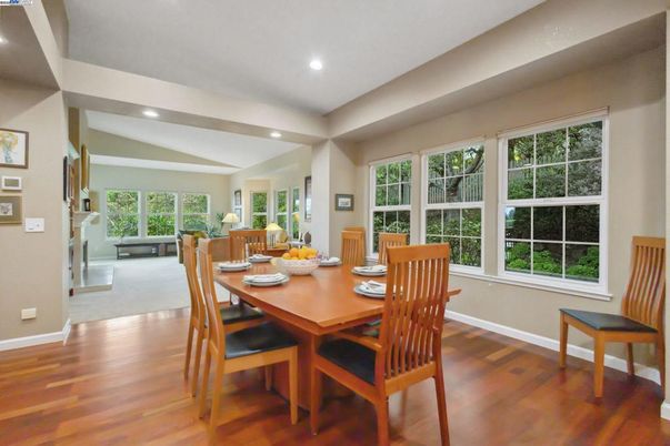 Dining room, Interior, Pendant Lights, Wood Texture Flooring