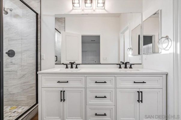 Bathroom, Dual Sink Vanities, Glass Shower, Interior, Marble Walls