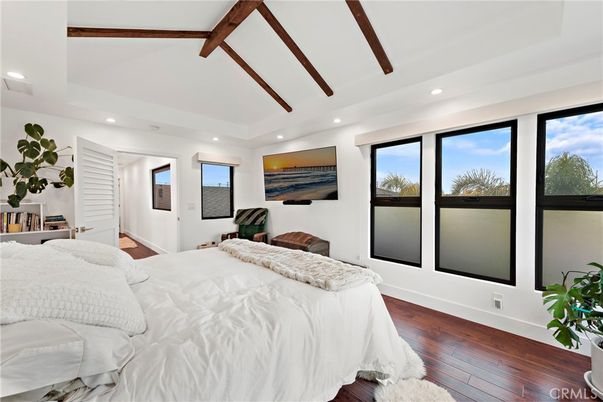 Bedroom, Interior, Recessed Lighting, Wooden Beams, Wood Texture Flooring