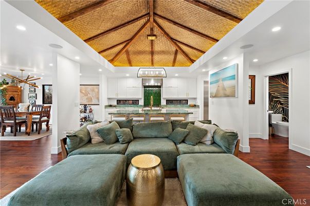 Dining room, Interior, Kitchen, Living room, Pendant Lights, Recessed Lighting, Stainless Steel Appliances, Wooden Beams, Wooden Ceilings, Wood Texture Flooring