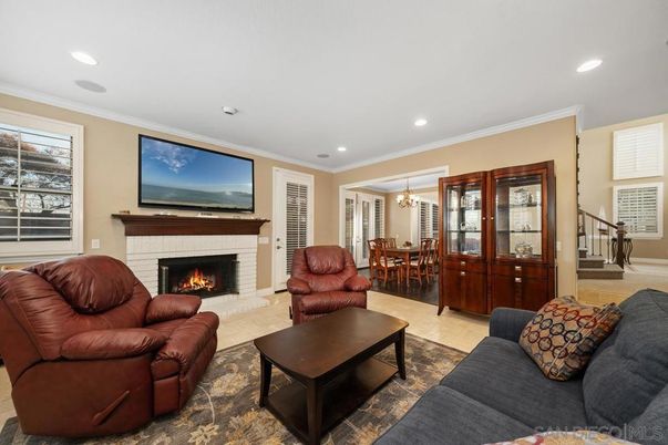 Chandelier, Dining room, Fireplace, Interior, Living room, Recessed Lighting