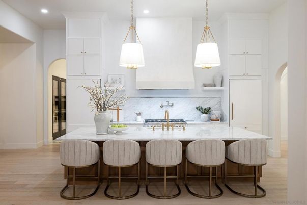 Interior, Kitchen, Marble Walls, Pendant Lights, Recessed Lighting, Wood Texture Flooring