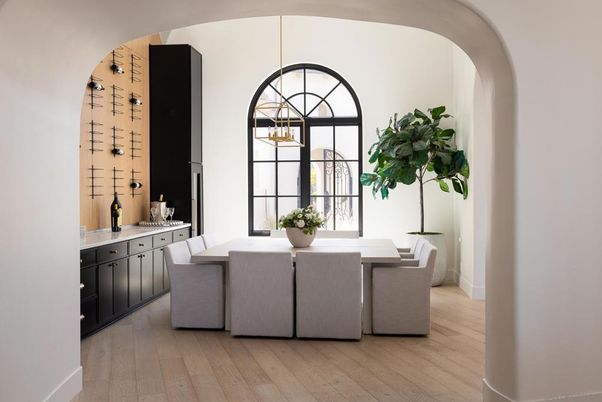 Dining room, Interior, Pendant Lights, Wood Texture Flooring