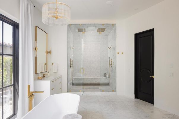 Bathroom, Chandelier, Free Standing Baths, Glass Shower, Interior, Marble, Marble Walls