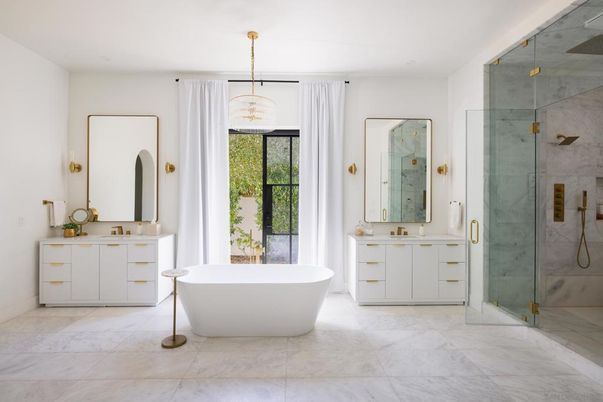Bathroom, Chandelier, Dual Sink Vanities, Free Standing Baths, Glass Shower, Interior, Marble, Marble Walls, Pendant Lights