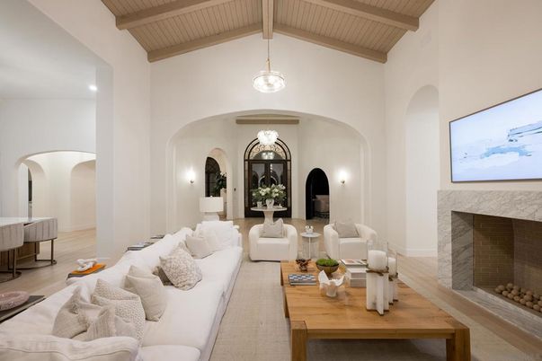 Fireplace, Interior, Living room, Pendant Lights, Recessed Lighting, Wooden Beams, Wooden Ceilings, Wood Texture Flooring