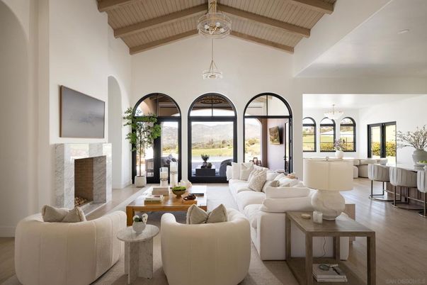 Dining room, Fireplace, Interior, Living room, Pendant Lights, Wooden Beams, Wooden Ceilings, Wood Texture Flooring