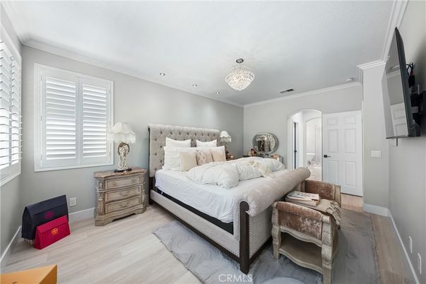 Bedroom, Chandelier, Interior, Recessed Lighting, Wood Texture Flooring