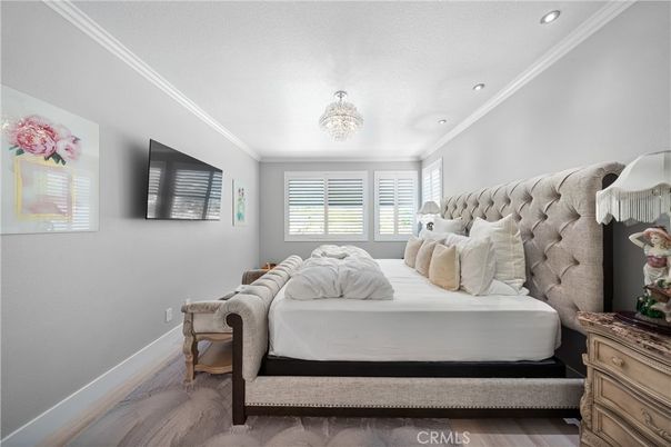 Bedroom, Chandelier, Interior, Recessed Lighting, Wood Texture Flooring