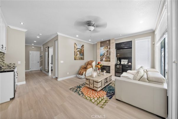 Fireplace, Interior, Living room, Recessed Lighting, Wood Texture Flooring