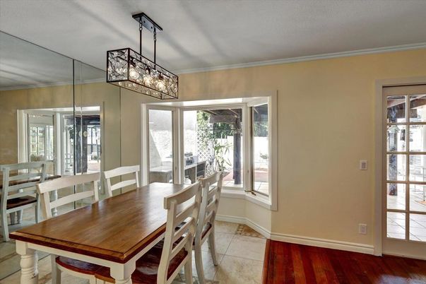 Dining room, Interior, Pendant Lights, Wood Texture Flooring