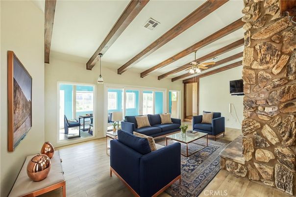 Empty room, Fireplace, Interior, Pendant Lights, Wooden Beams, Wood Texture Flooring