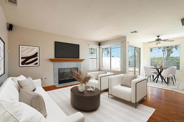 Dining room, Fireplace, Interior, Living room, Wood Texture Flooring