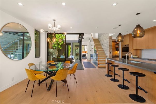 Dining room, Interior, Kitchen, Pendant Lights, Recessed Lighting, Wood Texture Flooring