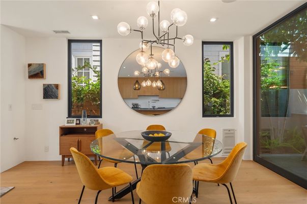 Dining room, Interior, Pendant Lights, Recessed Lighting, Wood Texture Flooring