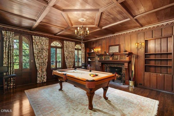 Billiard Table, Chandelier, Fireplace, Game Room, Interior, Wooden Beams, Wooden Ceilings, Wood Texture Flooring, Wooden Walls