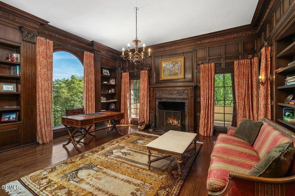 Chandelier, Fireplace, Home Office, Interior, Wood Texture Flooring, Wooden Walls