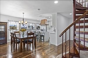 Chandelier, Dining room, Interior, Kitchen, Recessed Lighting, Stainless Steel Appliances, Wood Texture Flooring