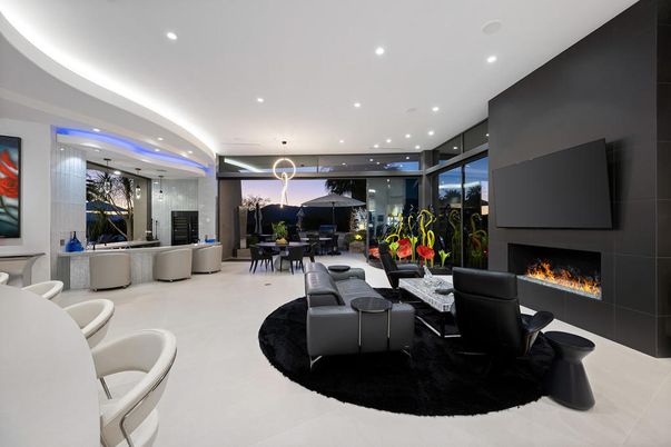 Dining room, Fireplace, Interior, Living room, Pendant Lights, Recessed Lighting