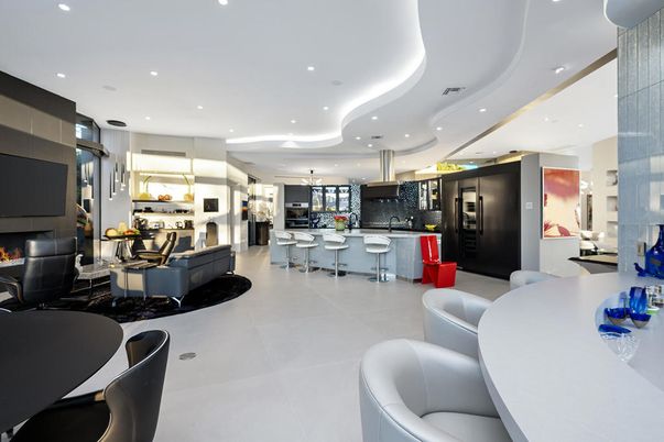 Fireplace, Interior, Kitchen, Living room, Pendant Lights, Recessed Lighting
