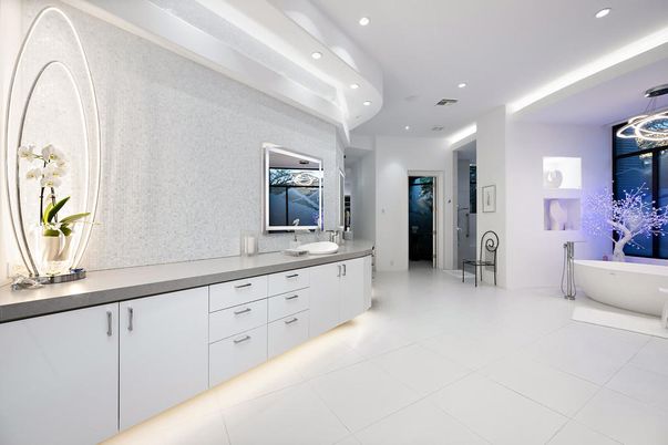 Bathroom, Dual Sink Vanities, Free Standing Baths, Interior, Pendant Lights, Recessed Lighting